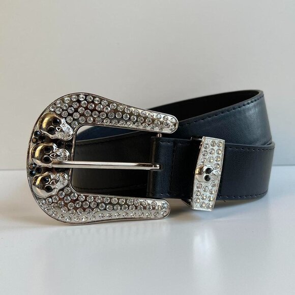 y2k 2000s chrome skull rhinestone black and silver grunge emo belt - Picture 3 of 8
